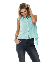 Solution Ladies Sheer Button-Down Shirt Hi-Lo Hem Sleeveless Aqua Size L - £19.59 GBP