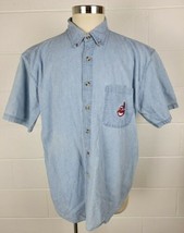 Vtg Pro Edge Cleveland Indians Short Sleeve Button Front Denim Shirt Wahoo XL - £19.71 GBP