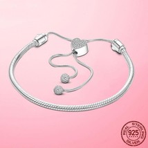 Femme Moments Pave Heart Clasp Snake Chain Slider Bracelet for Women Silver Jewe - £18.84 GBP