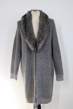 Chico&#39;s 2 L Gray Silver Sparkle Bridgette Long Cardigan Sweater Coat Fur Collar - £50.13 GBP