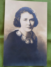 Vintage Photograph Lady Wearing Dark Dress White Crochet Collar 1923 Tea... - $9.89
