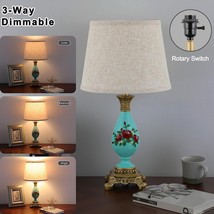 Vintage Table Lamp With Shade Living Room Bedside Dimmable Blue Gold Set Of 2 - £50.25 GBP