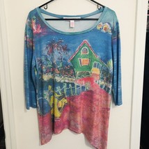 Leoma Lovegrove Sz M Artsy Cottage Tropical Knit Top Shirt Blouse Multicolor - £12.41 GBP