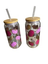 Pink Pumpkin Glass Can Tumbler Set w/ Lid &amp; Straw – 16oz Fall Halloween ... - $19.65