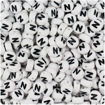 BeadTin White Opaque 7mm Coin Plastic Alphabet Beads - Black Letter N (1... - $2.09
