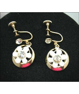 Vintage EARRINGS WHITE FLOWER BLOOMS Rhinestones  Dangle Circles Screw B... - £11.93 GBP