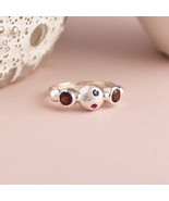 Multicolor Cubic Zirconia &amp; Red Garnet Gemstone Unisex Silver Ball Ring - £61.27 GBP