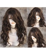 Brown Auburn mix Human Hair Blend Wavy Extra Long Bangs Off Center parti... - $89.95