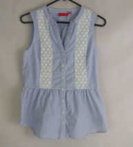 Elle Women&#39;s Blue Button-Up Sleeveless Shirt With Floral Lace Design Size Small - £10.91 GBP