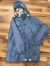 VINTAGE LL Bean 90&#39;s  Medium Blue Removable Hood Mid Thigh Utility Coat Raincoat - £51.38 GBP