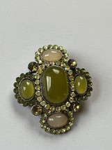 Large Green &amp; Cream Oval Plastic Cabs Rimmed in Rhinestones Brooch Pin P... - £12.09 GBP