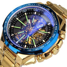 Luxury Men&#39;S Stainless Steel Skeleton Gold Tone Automatic Mechanical Wrist Watch - £39.53 GBP