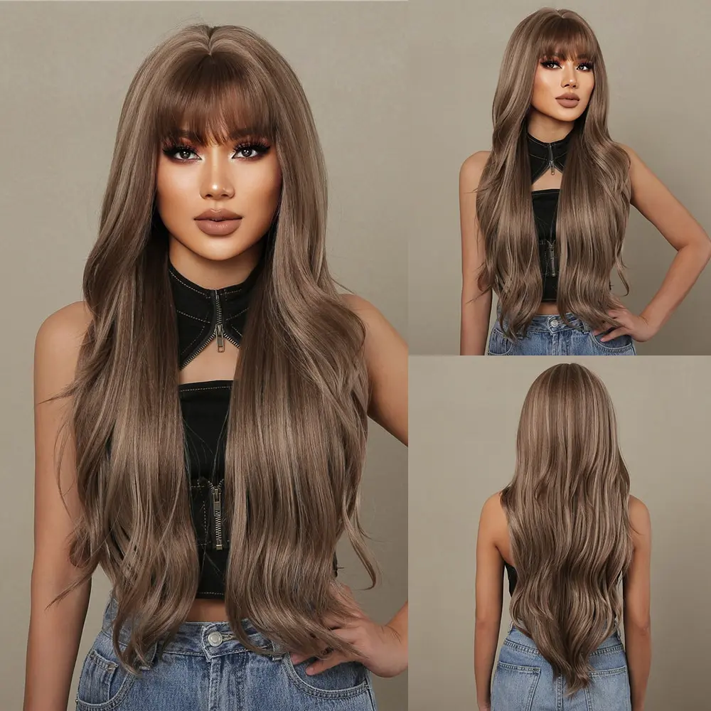  brown mixed blonde synthetic wigs with bang long natural wavy hair wig for women daily thumb200