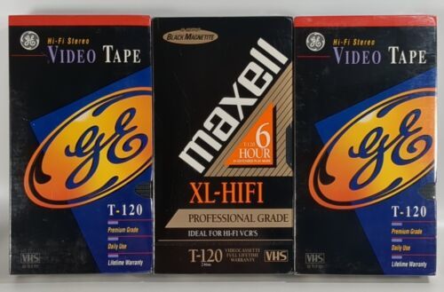 Primary image for Lot of 3 New Sealed Blank Video Tapes Maxell XL-HiFi T-120 and Two GE HiFi T-120