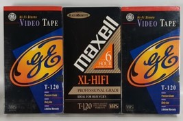 Lot of 3 New Sealed Blank Video Tapes Maxell XL-HiFi T-120 and Two GE HiFi T-120 - £4.44 GBP
