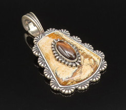 CAROLYN POLLACK 925 Silver - Vintage Tiger&#39;s Eye &amp; Jasper Drop Pendant -... - £128.74 GBP