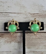 Vintage Clip On Earrings - Unusual &amp; Ornate - Gold &amp; Green Tone - £9.58 GBP