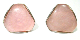 Vintage Silver Tone &amp; Translucent Pink Lucite Clip On Earrings Rounded Triangle - £12.58 GBP