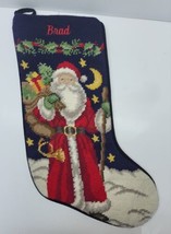 Lands End Santa Claus Needlepoint Christmas Stocking Navy Wool Holiday - $44.55
