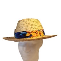 Panama Style Men&#39;s Straw Hat Tropical Floral Band Blue Green Yellow SIZE... - £10.99 GBP