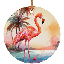 Pink Flamingo Sunset Beach Watercolor Ornament Ceramic Christmas Gift Tr... - £12.46 GBP