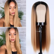 Ombre Lace Front Wig Long Blonde Straight Wig Dark Roots Ombre Blonde 27... - $37.72