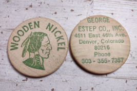 Lot of 2 Vintage Indian Head Wooden Nickels George Estep Co Denver Colorado - $9.03