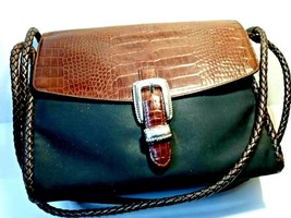 Vintage BRIGHTON Brown Black Croc Nylon Leather Purse Bag, Braid Straps,... - $35.63