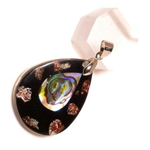 Abalone Shell, Black &amp; White Shell Gemstone Silver Overlay Handmade MOP Pendant - £9.34 GBP