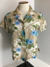 White Stag Vtg Tropical Button Front Shirt Ladies M 8-10 Beige Blue Palms - $14.88
