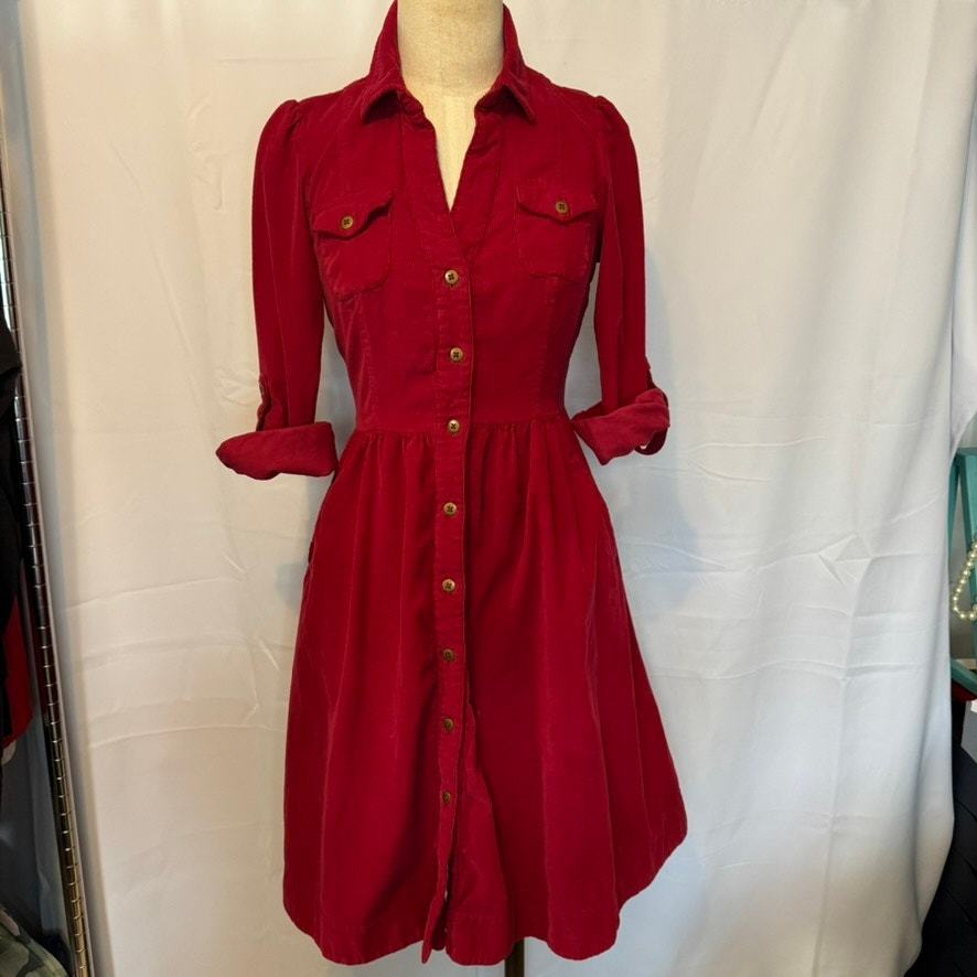 Anthropologie Fei Refined Cord Shirtdress 3/4 Sleeve Red Size 6 Fit &amp; Flare - $39.99