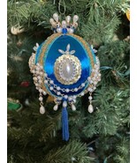 Vtg DISTASIO Satin Push Pin 3.5&quot; Beaded Pearl BLUE Christmas Ornament MI... - $47.36 CAD