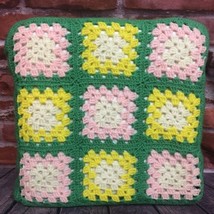 VTG Granny Square Hand Crocheted Afghan Chair Floor Cushion Pink Yellow Green - £20.37 GBP