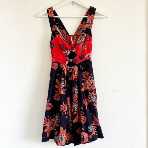 Primary image for Free People Baby It’s You Mini Dress Navy Orange Floral Sleeveless Combo Size S