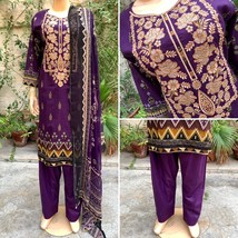 Pakistani Purple Printed Straight Shirt 3-PCS Lawn Suit w/ Threadwork ,M - $54.45