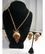 Vintage Art Glass AB Beads Necklace Earring Set 2 1/4&quot; Drop Gold Metal 16-A - €139,32 EUR