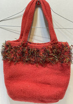 Vintage Hand Knit by Carla Women Red Wool Purse Tote Fringe 13 x 12 x 5 - $18.54