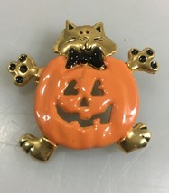 K.C. Orange Jack O Lantern Enamel Pumpkin w Goldtone Clinging Cat Bowtie 1 3/4&quot; - £12.92 GBP