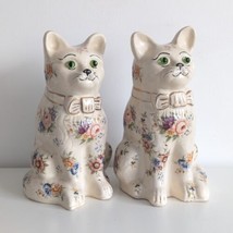 Large Staffordshire Cat Figurines, Antique Pottery, Glass Eyes, Floral, ... - $115.43