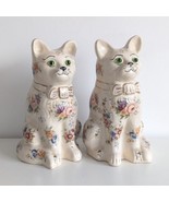 Large Staffordshire Cat Figurines, Antique Pottery, Glass Eyes, Floral, ... - £90.76 GBP