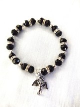 Icarus Charm On Black Crystal Beads And Rhinestone Rings Stretch Bracelet 7&quot; - £7.98 GBP