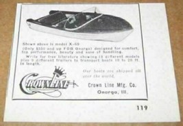 1958 Print Ad CrownLine X-60 Boats Crown Line Mfg Onarga,IL - £5.71 GBP
