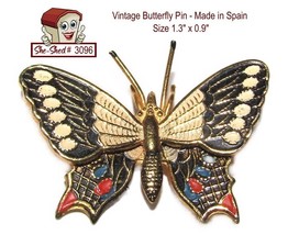 Vintage Pin Gold &amp; Enamel Butterfly Brooch Pin Made in Spain - £9.53 GBP