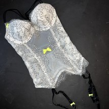 Victoria&#39;s Secret 32C GARTER CORSET SLIP BUSTIER Black White lace NEON y... - $49.49