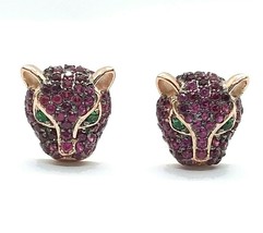 14K Rose Gold Plated Simulated Ruby &amp; Emerald Panther Stud Earrings 0.30&quot; Inch - £65.04 GBP