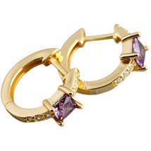 Anyco Earrings Gold Plated Purple Luxury Square CZ Round Ear Buckle For Women - £18.50 GBP