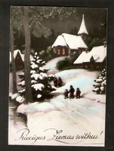 Old Photo of Postcard Christmas New Year Greetings House Church People W... - $6.16