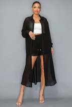 Chiffon Button Down Long Sleeve Side Slit Long Top With Short Set - $67.00