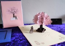 Kissing Couple under Cherry Tree 3D Kirigami Pop-up Greeting Card with Blue Phot - £7.95 GBP