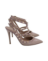 Valentino Garavani Rockstud Sandals In Patent Leather Women Beige Size 37.5 - $456.00